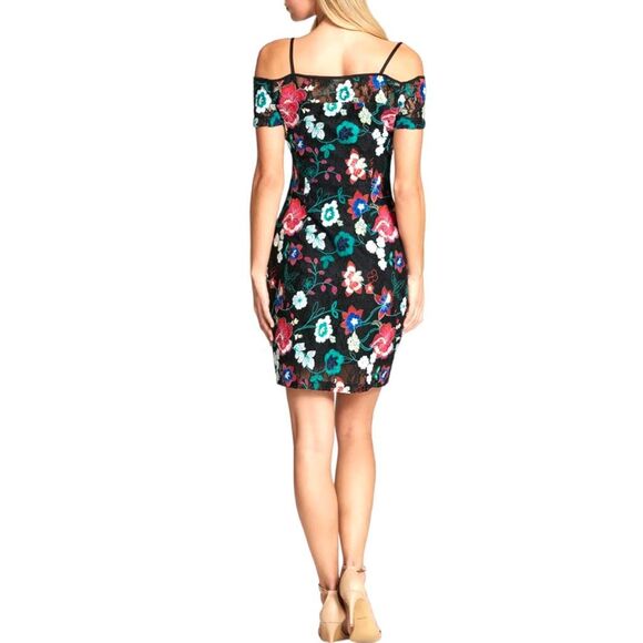 NWOT GUESS Lace Floral Off Shoulder Body con Mini 4 Black Multi - Picture 4 of 16